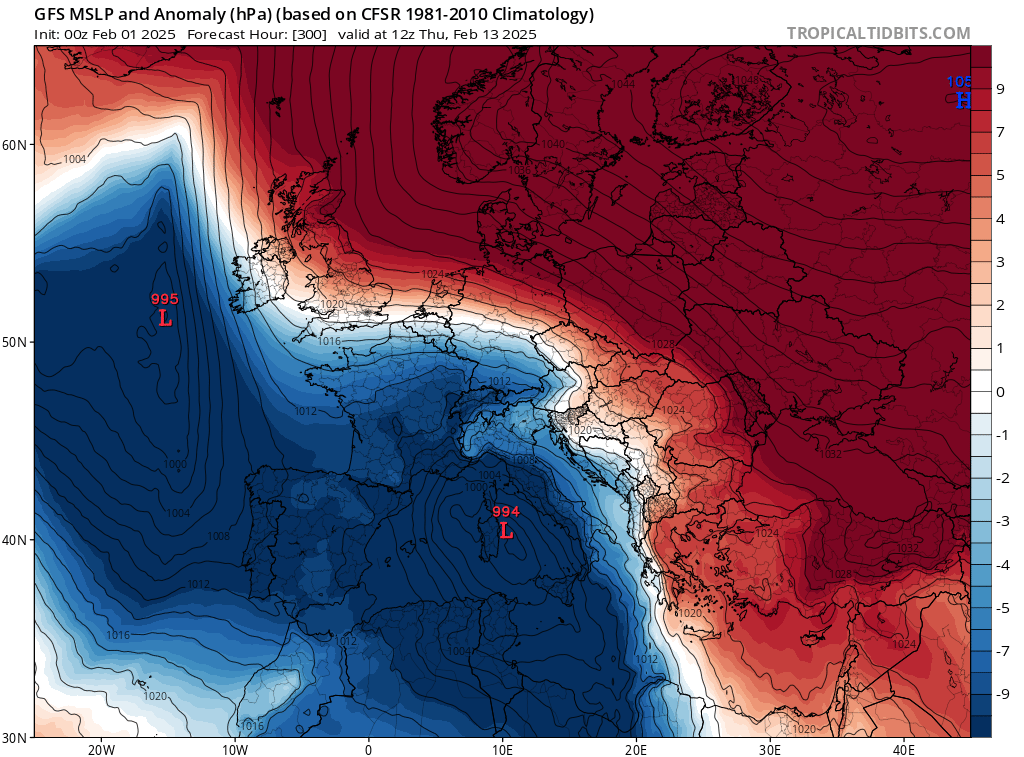Anomalia ciśnienia atmosferycznego, prognoza na 13.02.2025