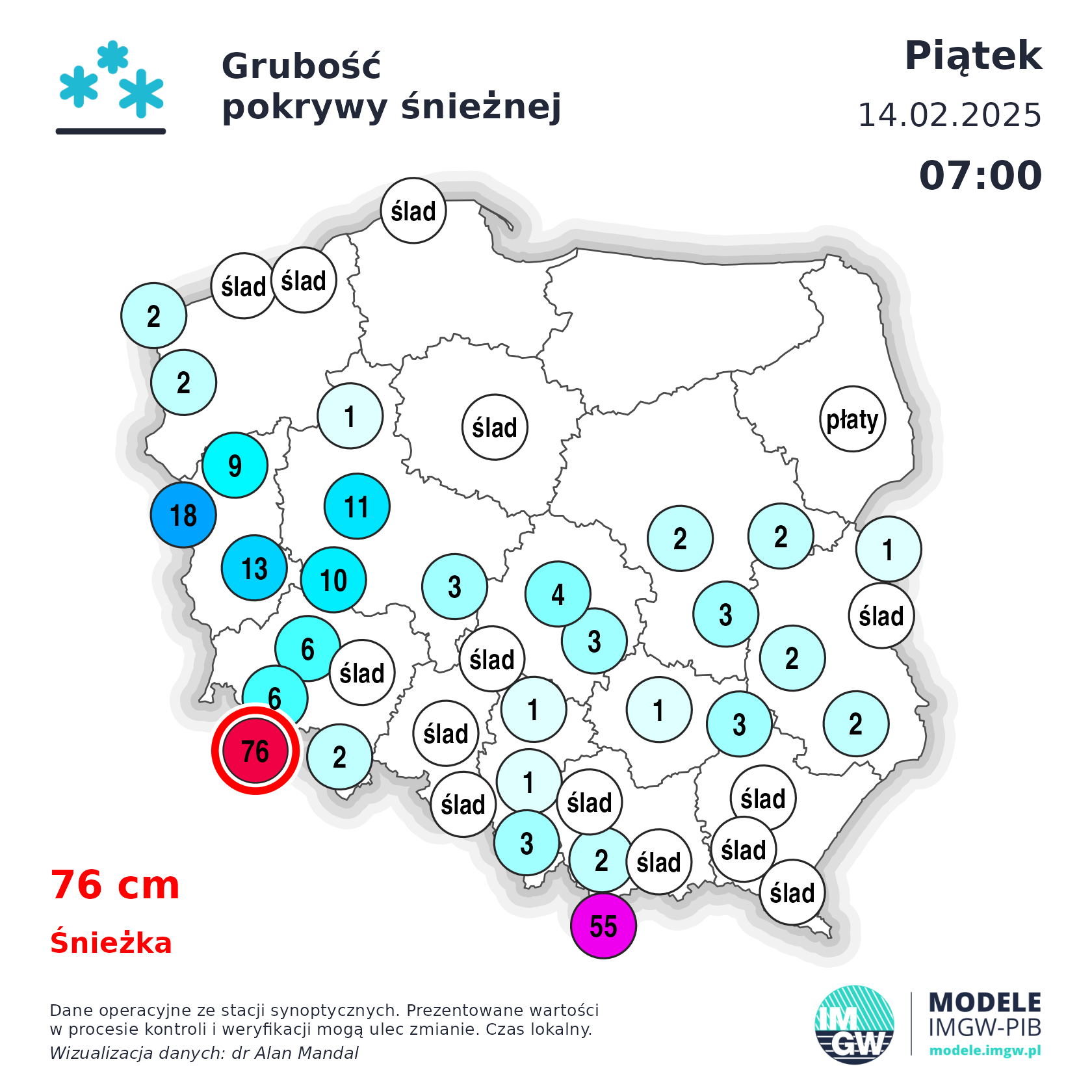 Grubość pokrywy śnieżnej 14.02 o poranku