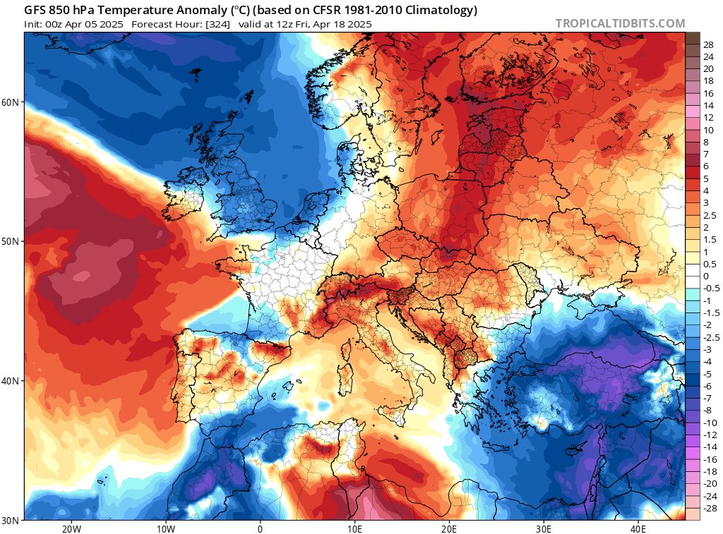 Pogoda na Wielkanoc. Pas ciepła od Afryki po Skandynawię, prognoza odchylenia temperatury na plus przy ziemi 18 kwietnia