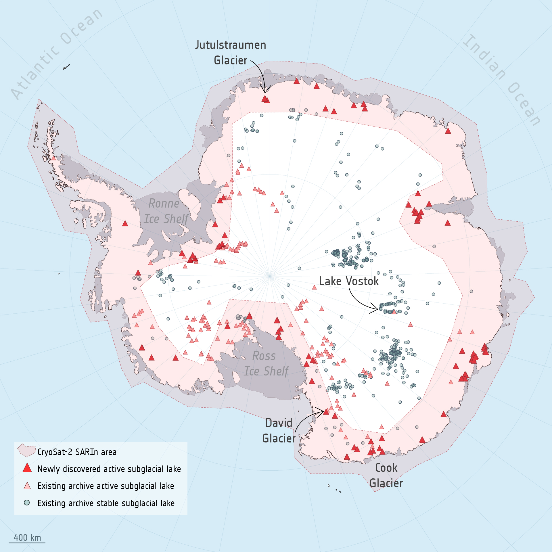 Mapa jezior podlodowcowych na Antarktydzie. Czerwonymi stożkami oznaczono nowo odkryte