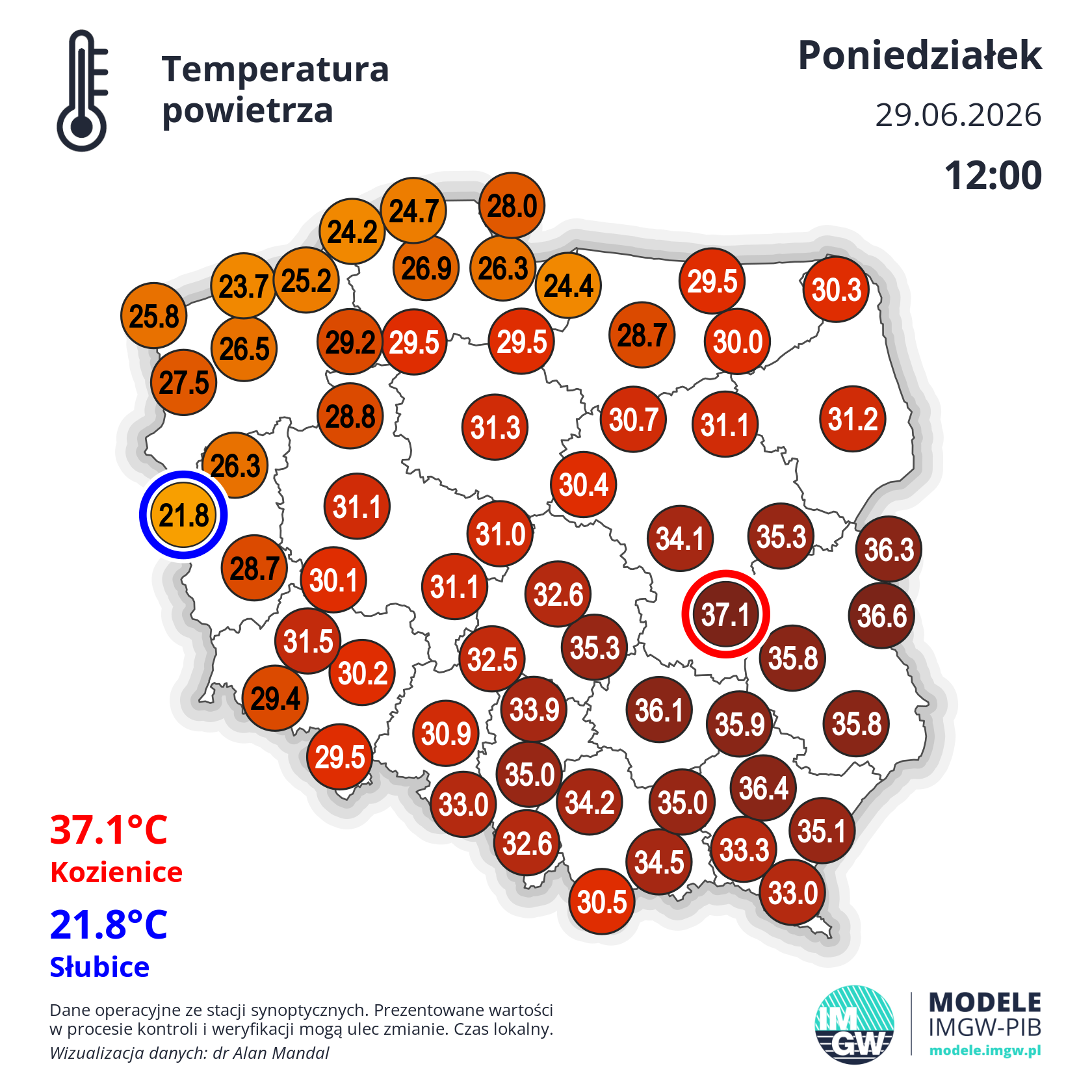 Temperatura w Polsce w poniedziałek o godzinie 12