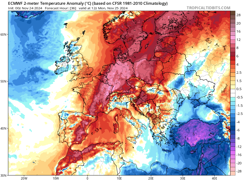Anomalia temperatury 25 listopada na wysokości 2 m w porównaniu z normą z lat 1981-2010