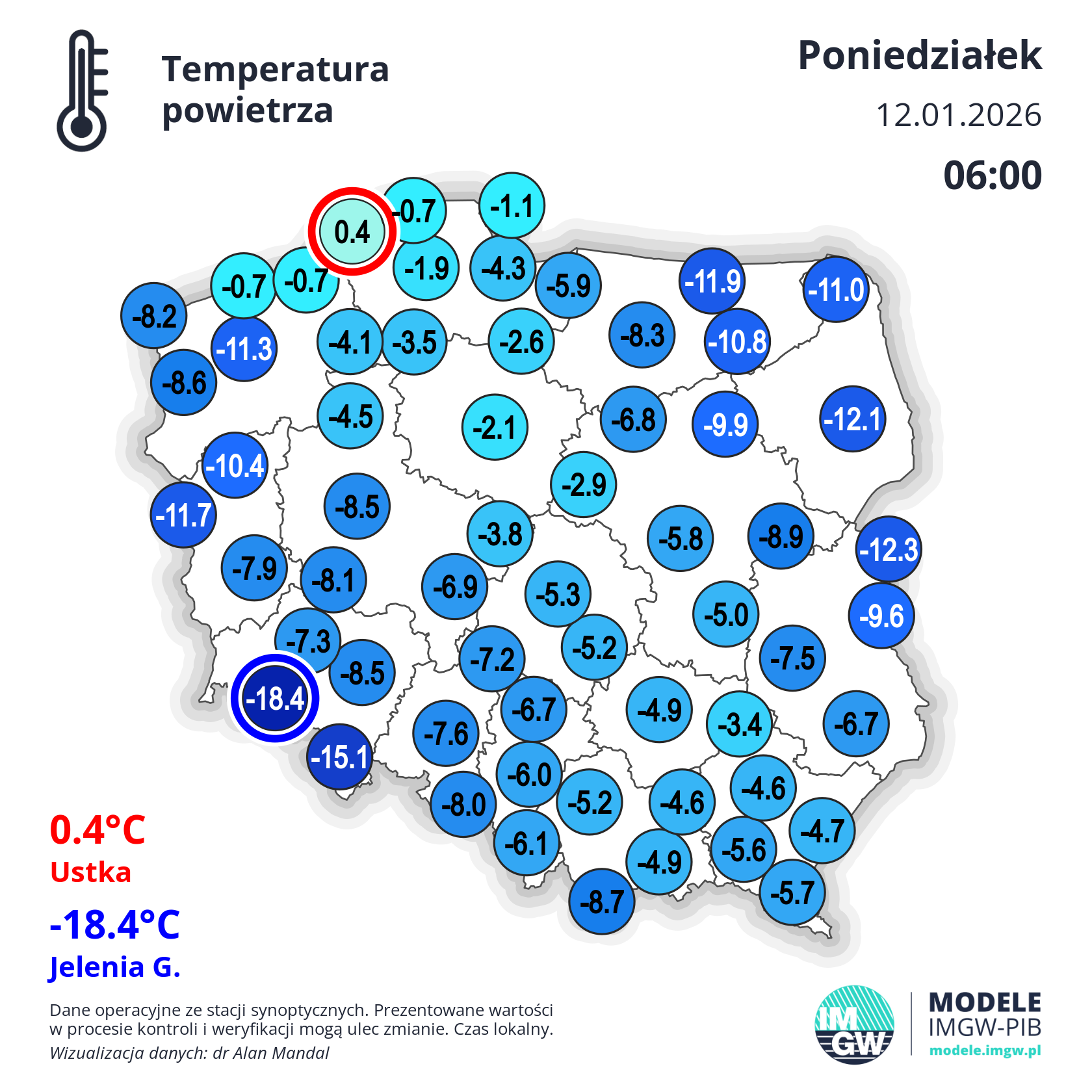 Temperatura powietrza o godzinie 6 w poniedziałek, 12 stycznia