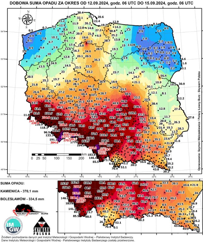 Dobowa suma opadów za okres 12-15.09.2024