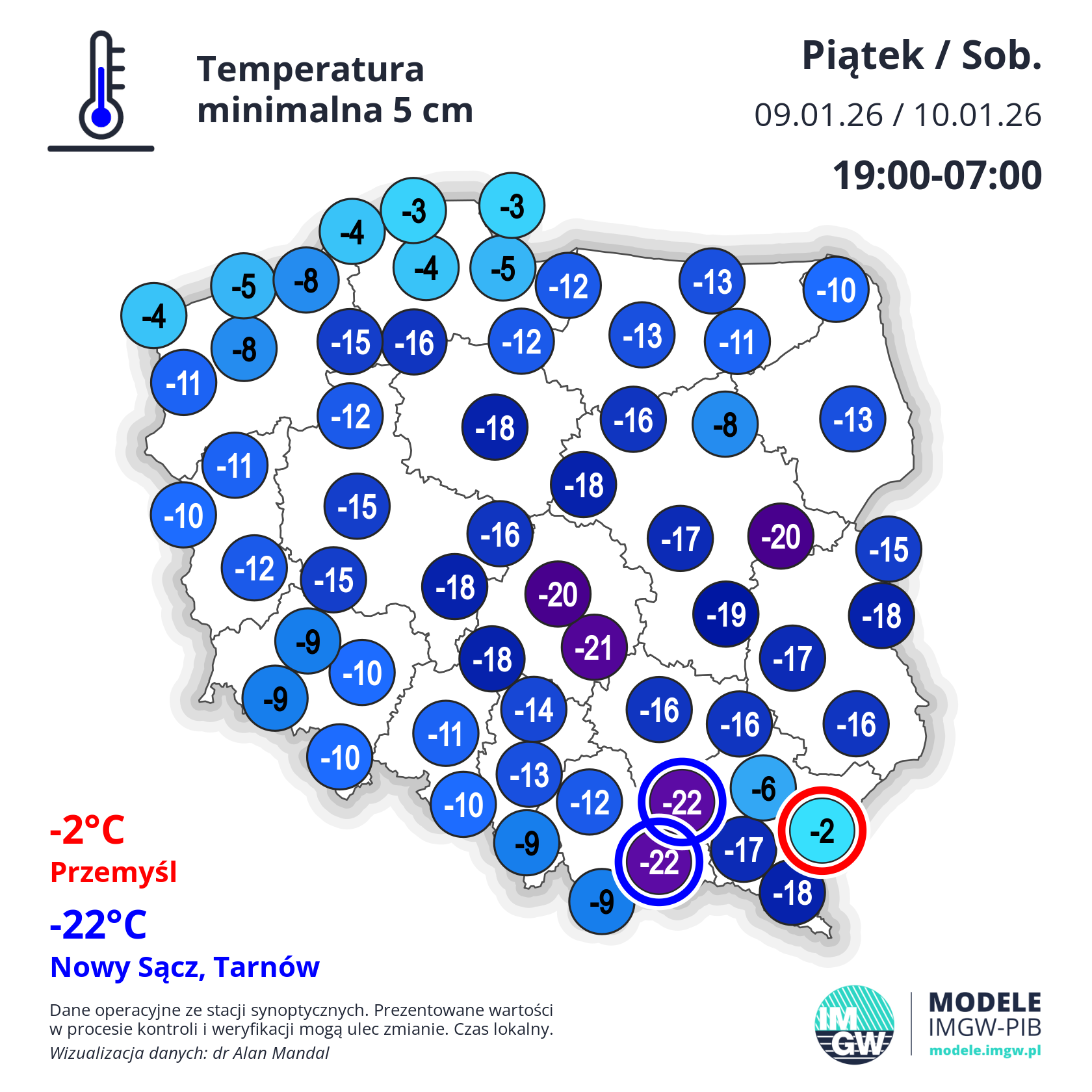 Temperatura minimalna przy gruncie w nocy 09/10.01.26