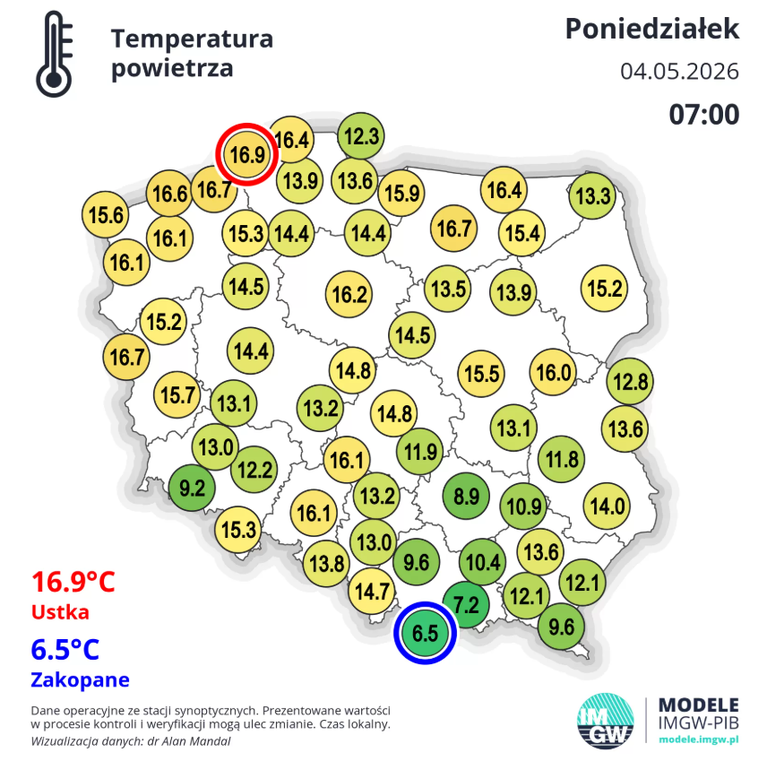Temperatura powietrza na stacjach synoptycznych IMGW pierwszego rzędu w poniedziałek 4 maja o godzinie 7