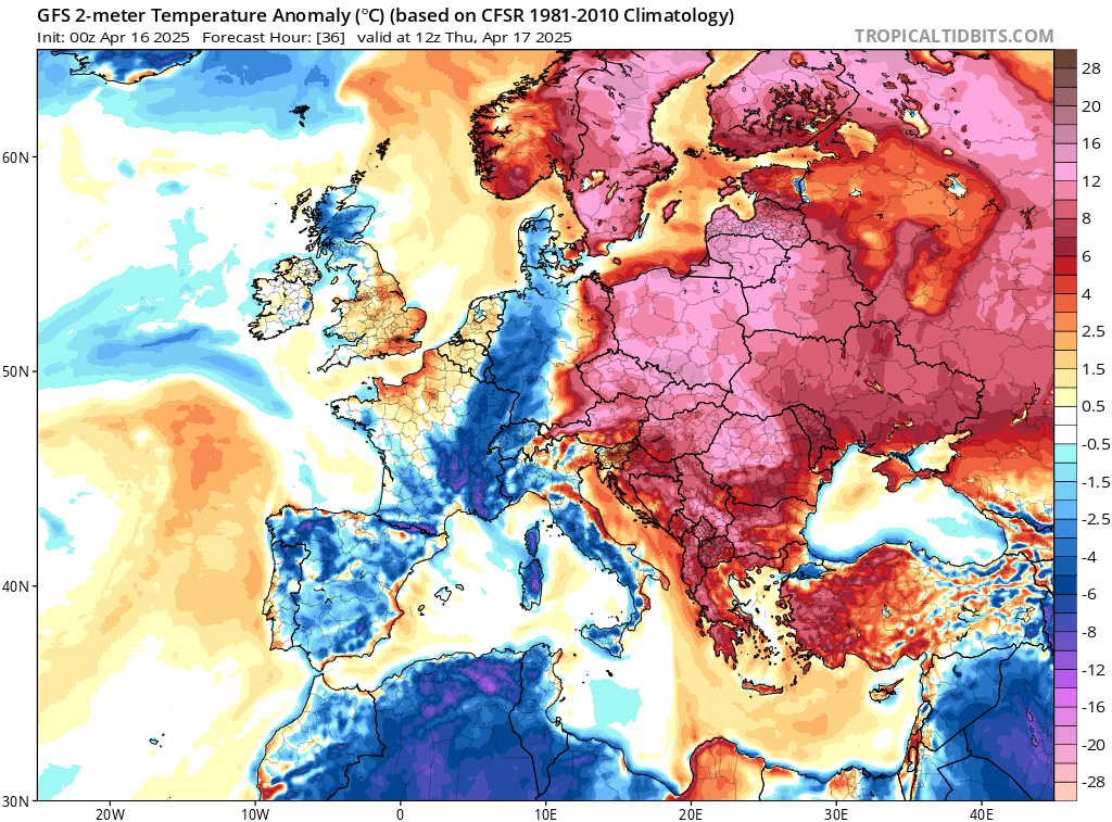 Prognoza odchylenia na plus od normy temperatury przy ziemi w czwartek, 17 kwietnia