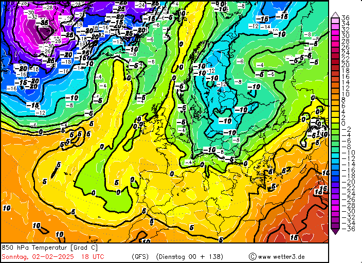 Prognozowana zatoka chłodu 2 lutego, temperatura na wysokości 1,5 km (850 hPa) 