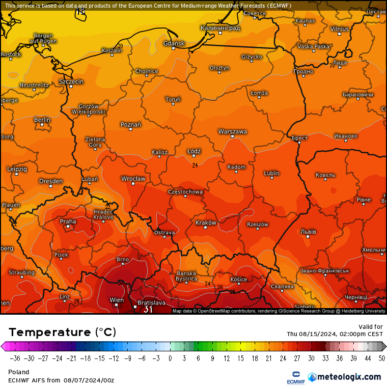 Temperatura maksymalna prognozowana na 15 sierpnia
