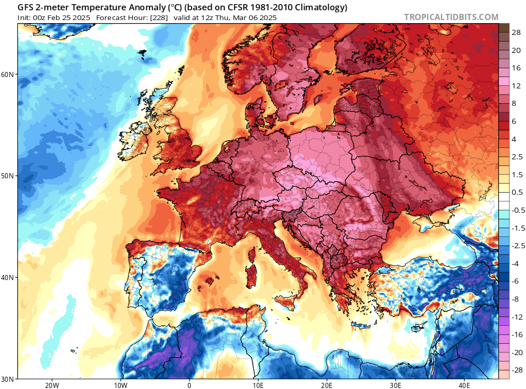 Prognoza odchylenia temperatury na wysokości dwóch metrów 6 marca