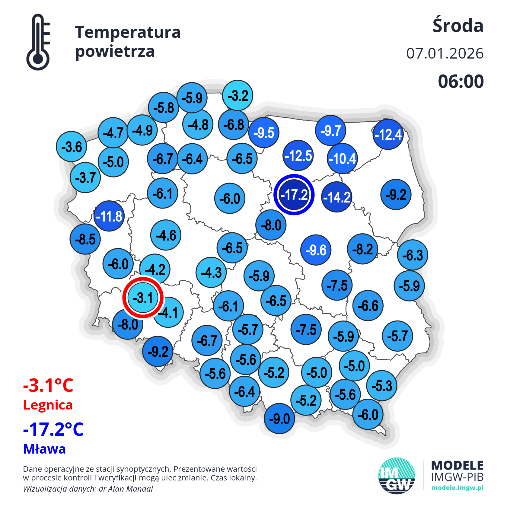 Temperatura powietrza w środę 07.01 (godz. 6)