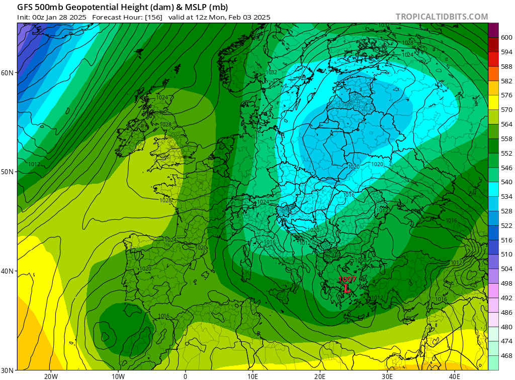 Kropla chłodu nad Polską 3 lutego, chłód dobrze widoczny na wysokości 5 km (500 hPa) 
