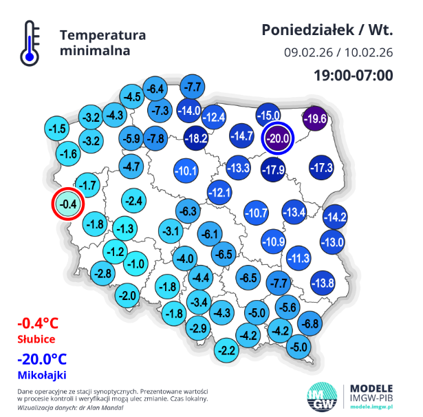 Temperatura minimalna w nocy z poniedziałku na wtorek (główne stacje synoptyczne IMGW)