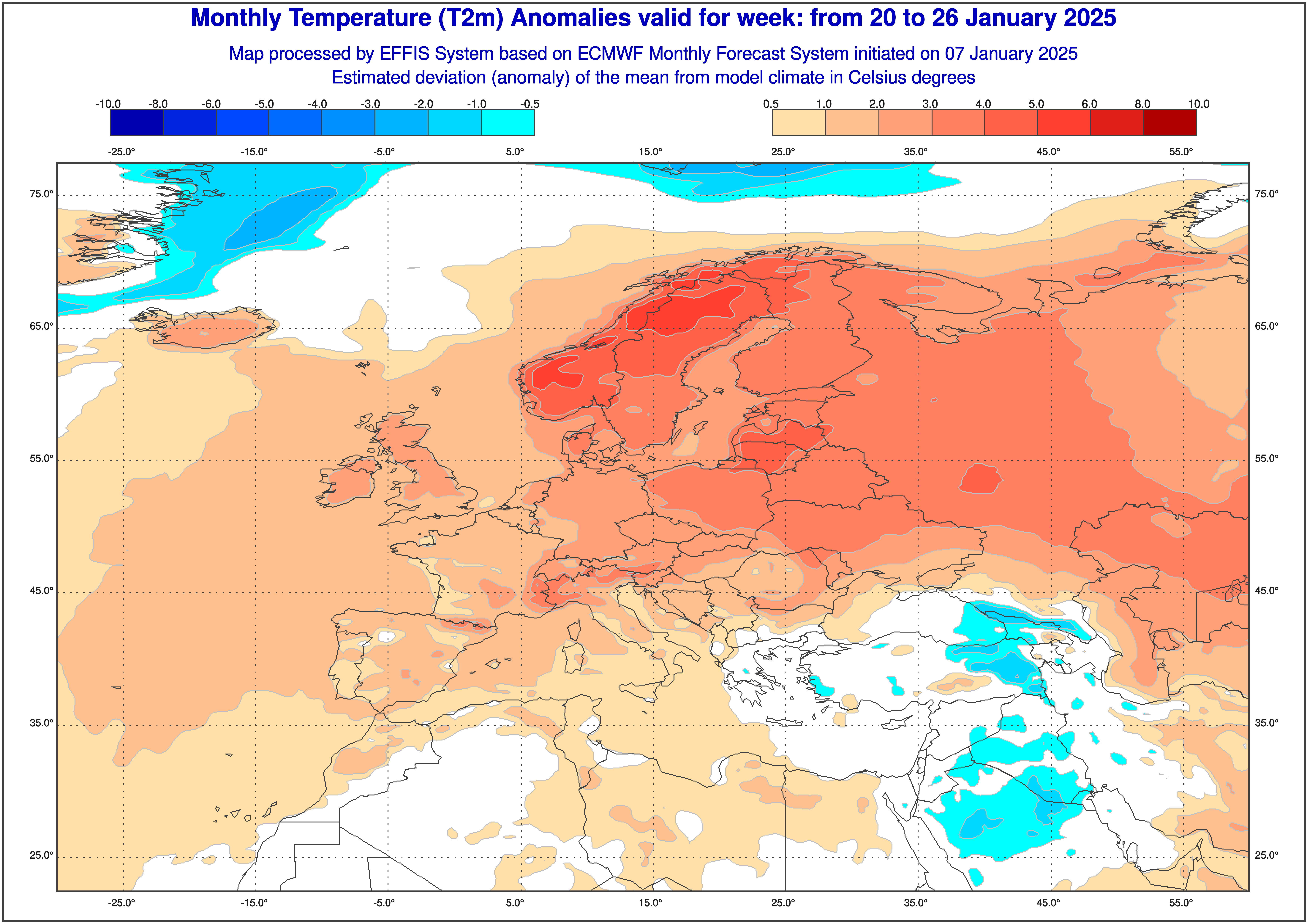 Prognoza odchylenia temperatury średniej na plus od normy w dniach 20-26 stycznia 2025 