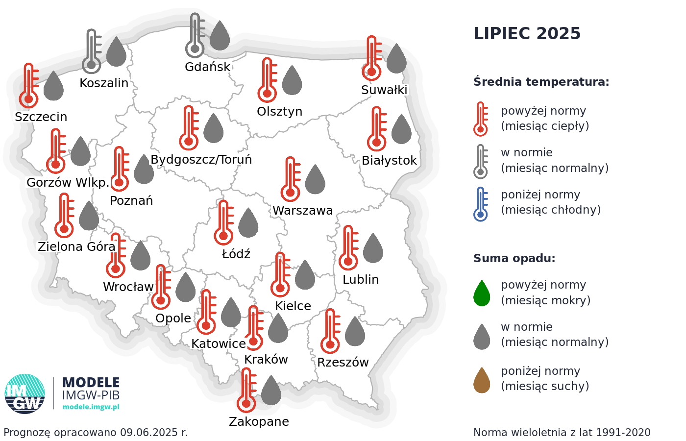 Prognoza średniej miesięcznej temperatury powietrza i miesięcznej sumy opadów atmosferycznych dla wybranych miast w Polsce na lipiec 2025
