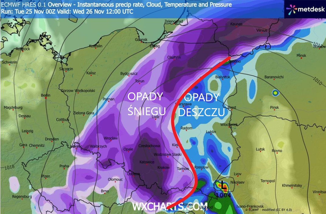 Strefa opadów śniegu i deszczu w środę