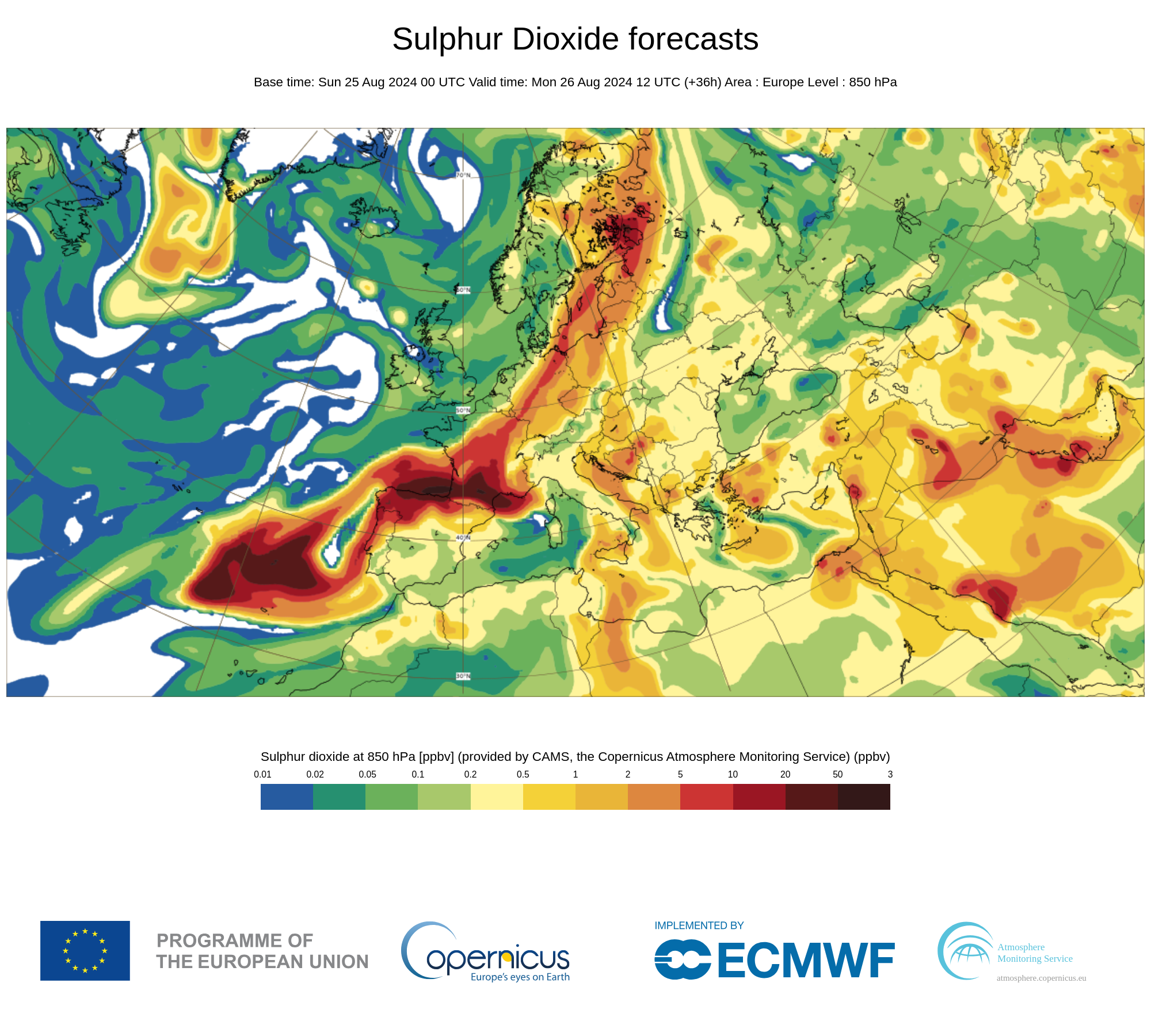 Prognoza stężenia dwutlenku siarki nad Polską w dniu 26.08 o godzinie 14