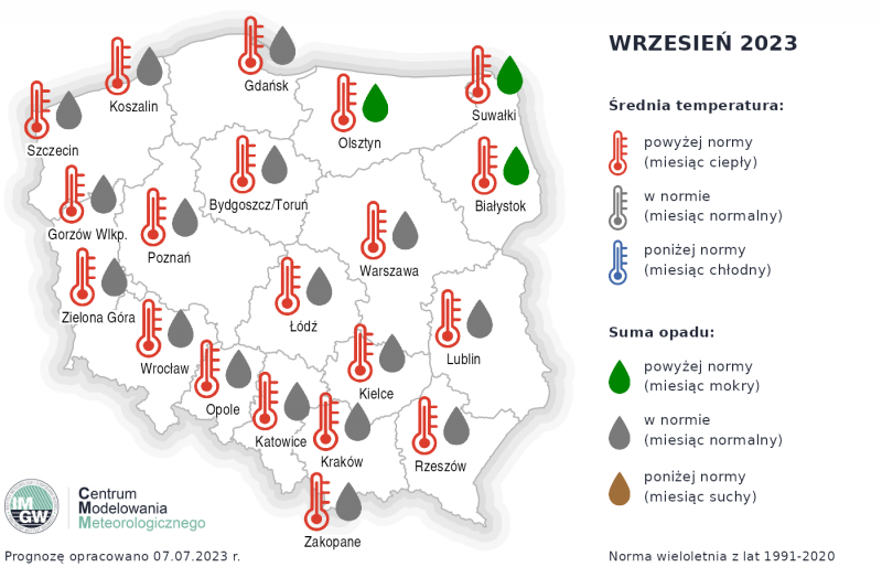 Prognoza temperatury i sumy opadów na wrzesień 2023