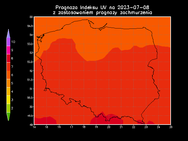 Prognoza indeksu UV na sobotę 8.07.2023 z zastosowaniem prognozy zachmurzenia