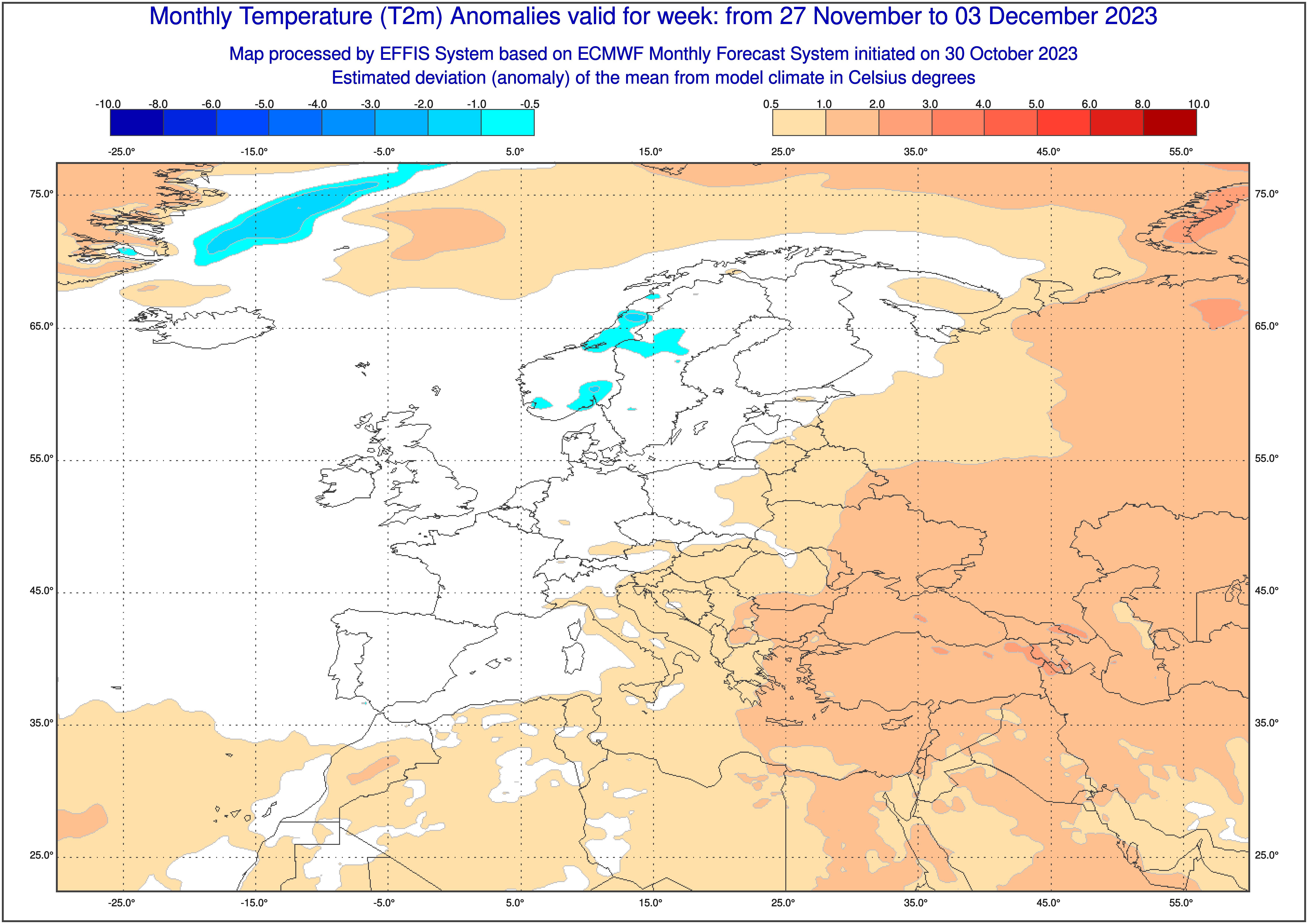 Prognoza odchylenia średniej temperatury od normy w okresie 27 do 3 grudnia