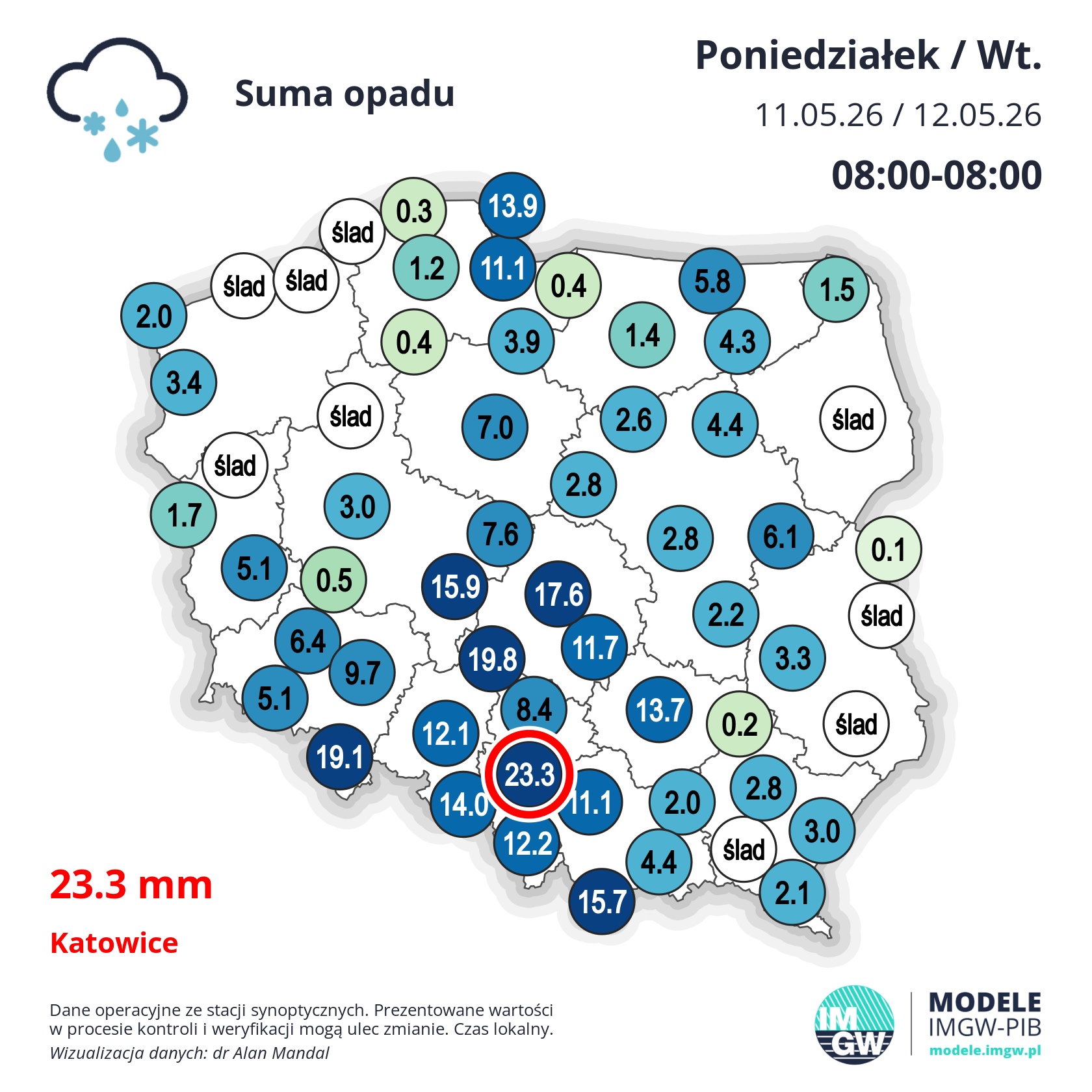 Dobowa suma opadów w poniedziałek i wtorek rano