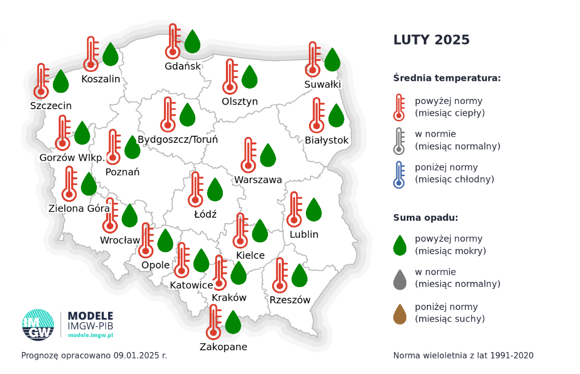 Prognoza średniej miesięcznej temperatury powietrza i miesięcznej sumy opadów atmosferycznych na luty 2025 r. dla wybranych miast w Polsce
