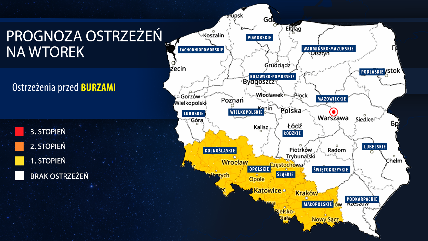 Prognoza zagrożeń IMGW na wtorek