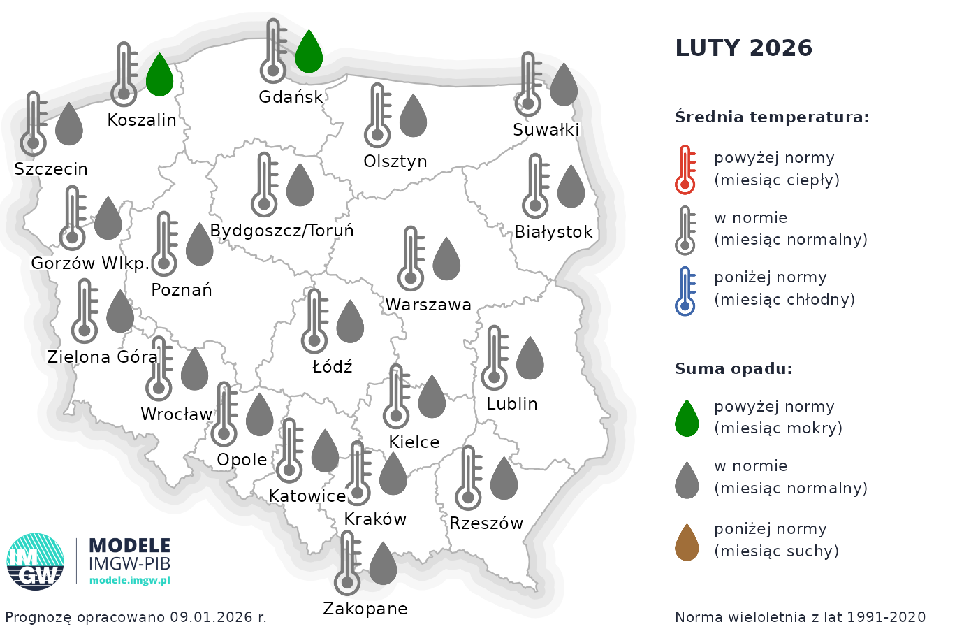Prognoza średniej miesięcznej temperatury powietrza i miesięcznej sumy opadów atmosferycznych dla wybranych miast w Polsce