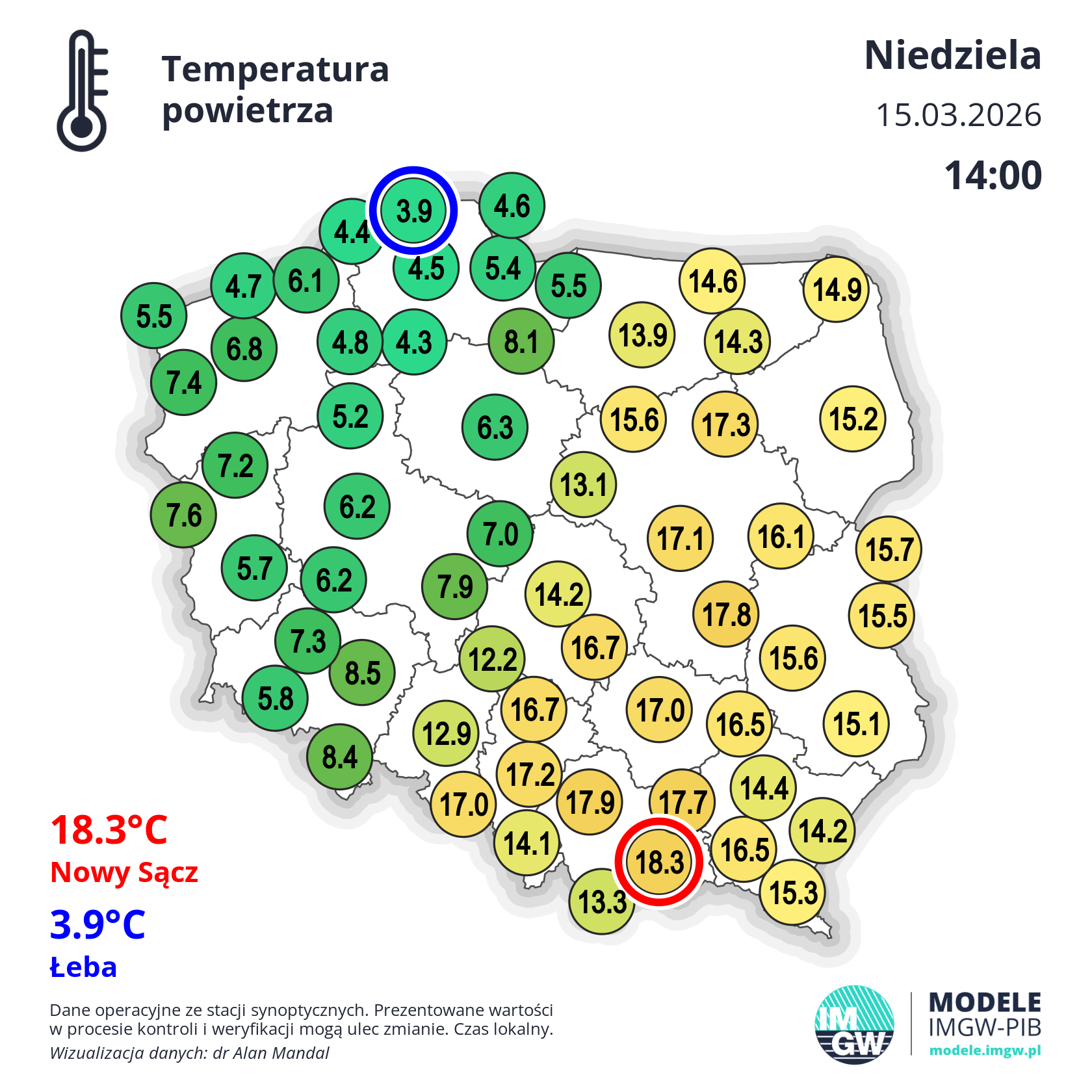 Temperatura powietrza o godzinie 14 (15 marca 2026)