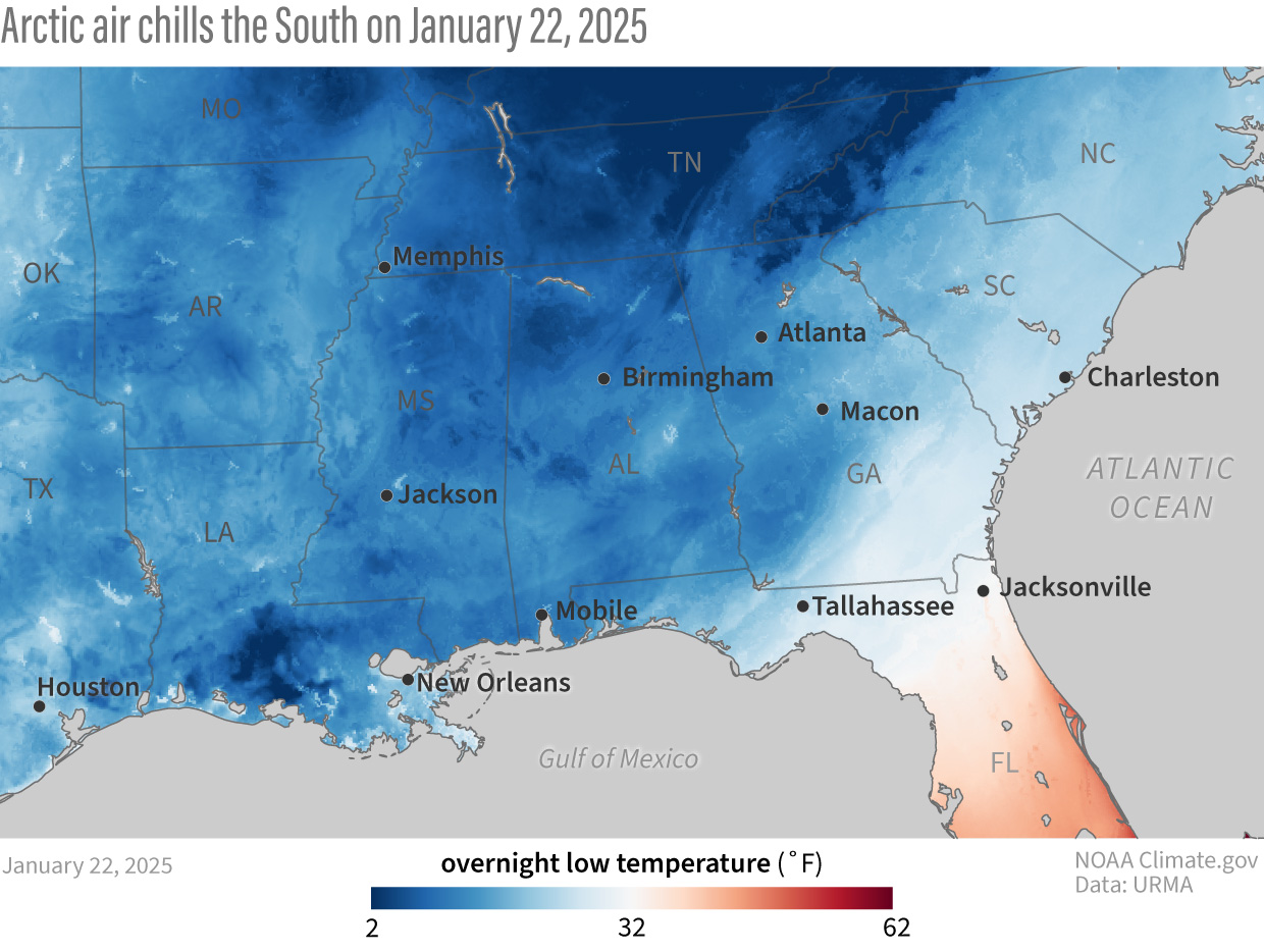 Temperatura minimalna w nocy 21/22 stycznia. Skala wskazuje wartości od -16,6 do 16,7 st. C