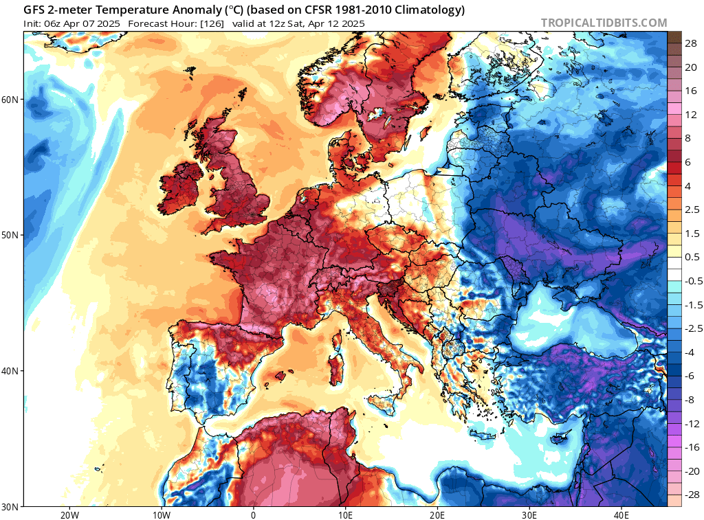 Anomalia temperatury na wysokości 2 metrów, prognoza na 12.04