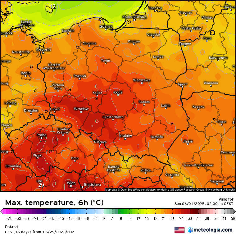 Prognozowana temperatura 1 czerwca po południu. Wartości powyżej 26 st. od Dolnego Śląska po Ziemię Łódzką