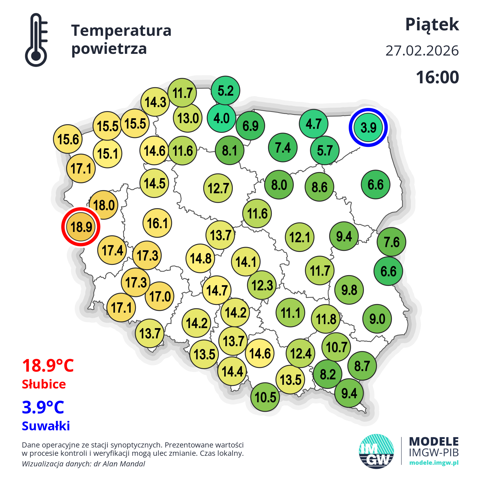 Temperatura powietrza w piątek o godzinie 16