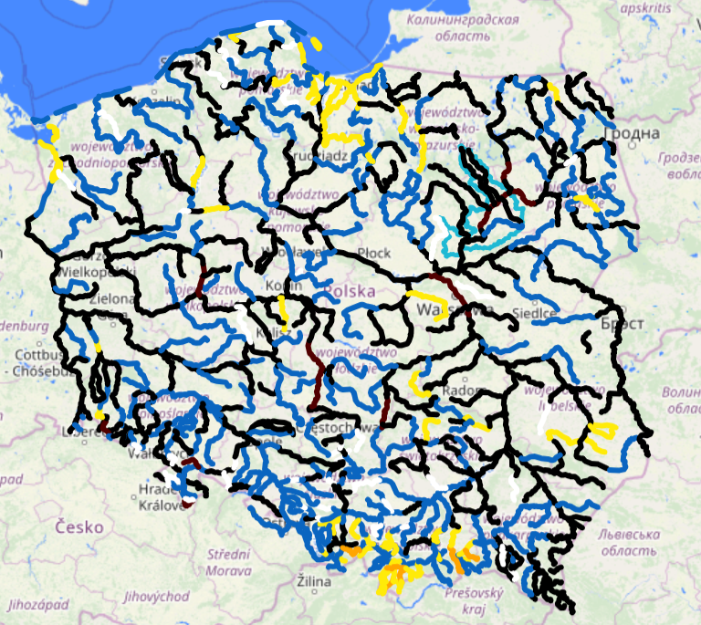 Kolor czerwony - powyżej stanu alarmowego, pomarańczowy - powyżej stanu ostrzegawczego, żółty - strefa stanów wysokich, niebieski - strefa stanów średnich, czarny - strefa stanów niskich, brązowy - poniżej minimum okresowego