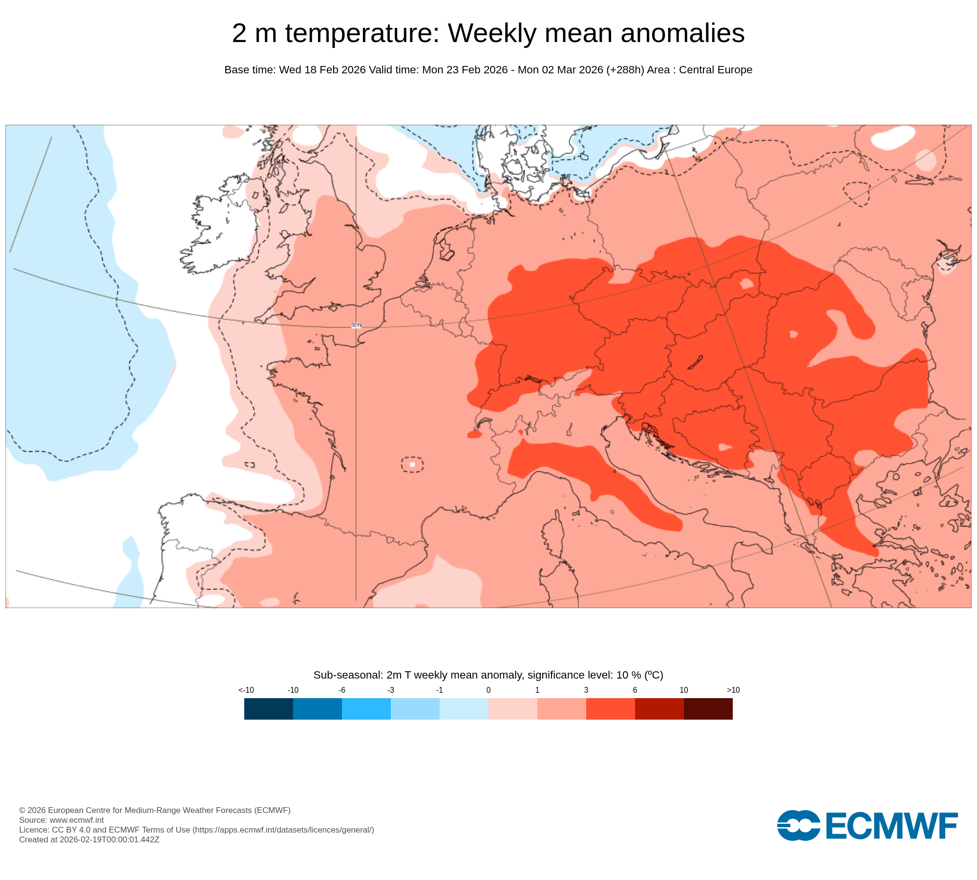 Prognoza odchylenia temperatury powyżej normy od 23 lutego
