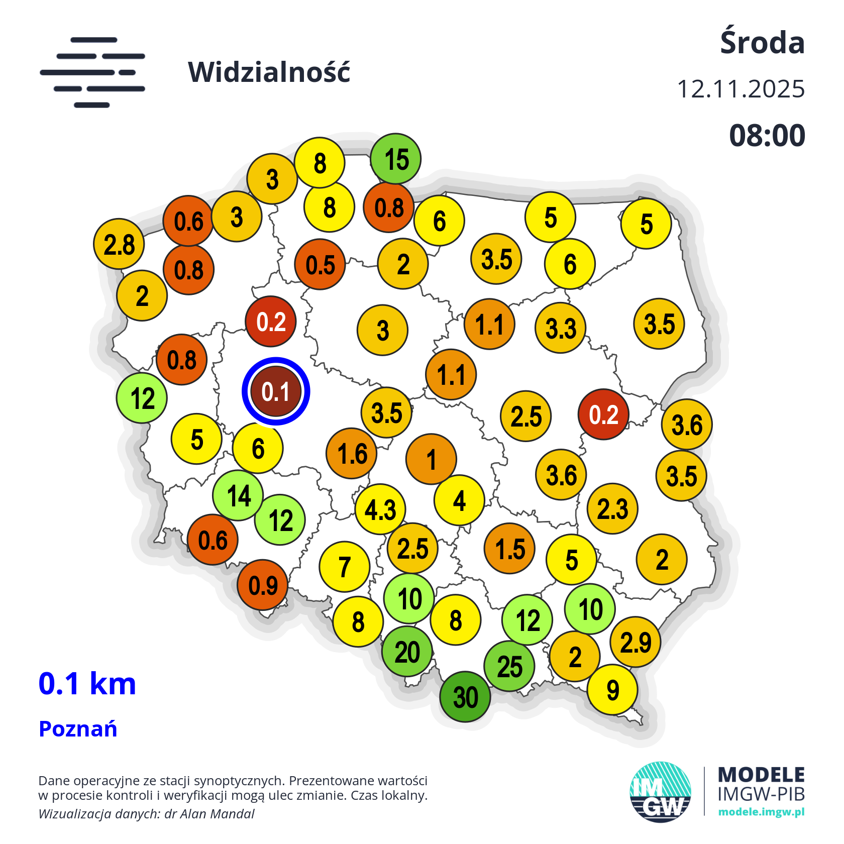 Widzialność w Polsce w środę, 12 listopada (godz. 8)