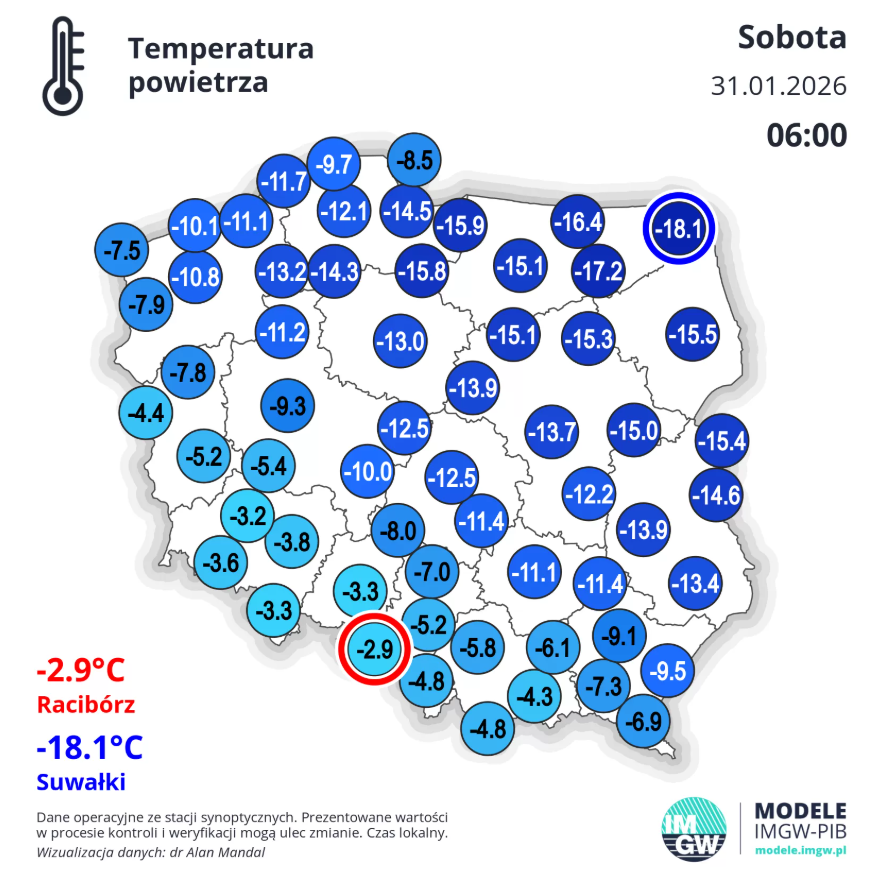 Temperatura powietrza w Polsce w sobotę 31 stycznia o godzinie 6 rano