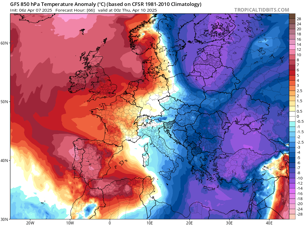 Jęzor chłodu w nocy 09/10.04 widoczny na mapie anomalii temperatury