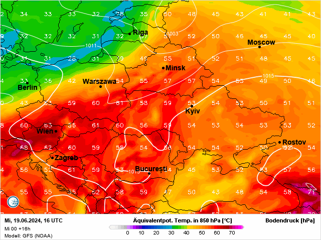 Temperatura ekwiwalentno-potencjalna na wysokości 1,5 km w środę 19 czerwca po południu 