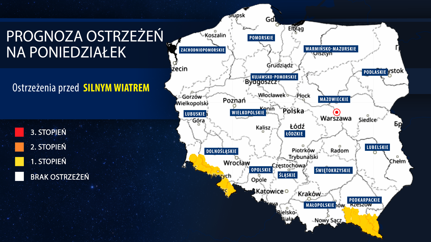 Prognoza zagrożeń meteorologicznych na poniedziałek