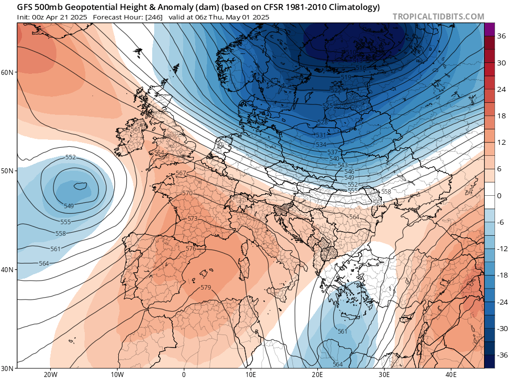 Prognoza odchylenia na minus geopotencjału 500 hPa nad północną i środkową Europą