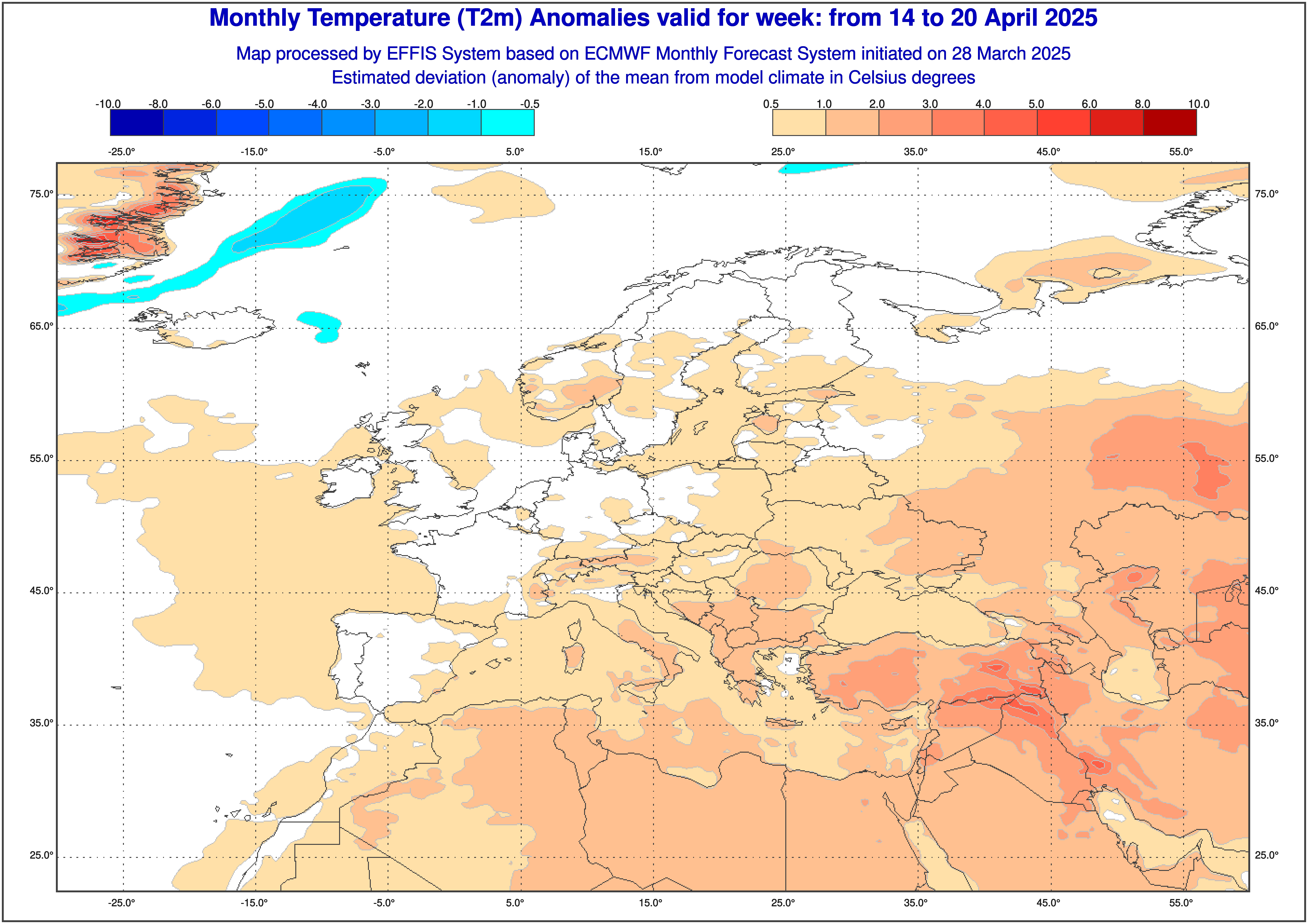 Prognoza odchylenia średniej temperatury od normy w okresie od 14 do 20 kwietnia ECMWF