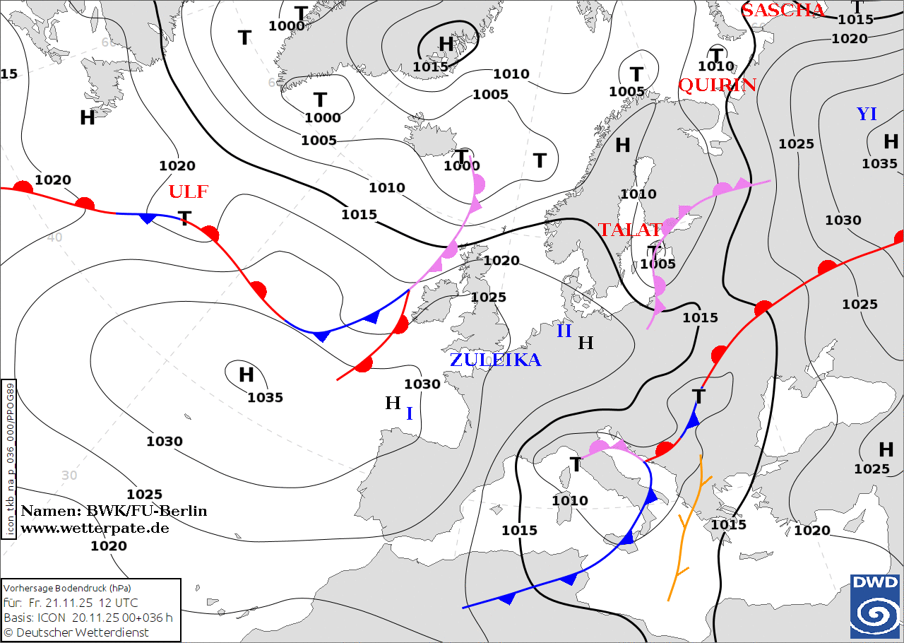 Układ mas powietrza nad Europą w piątek, 21 listopada