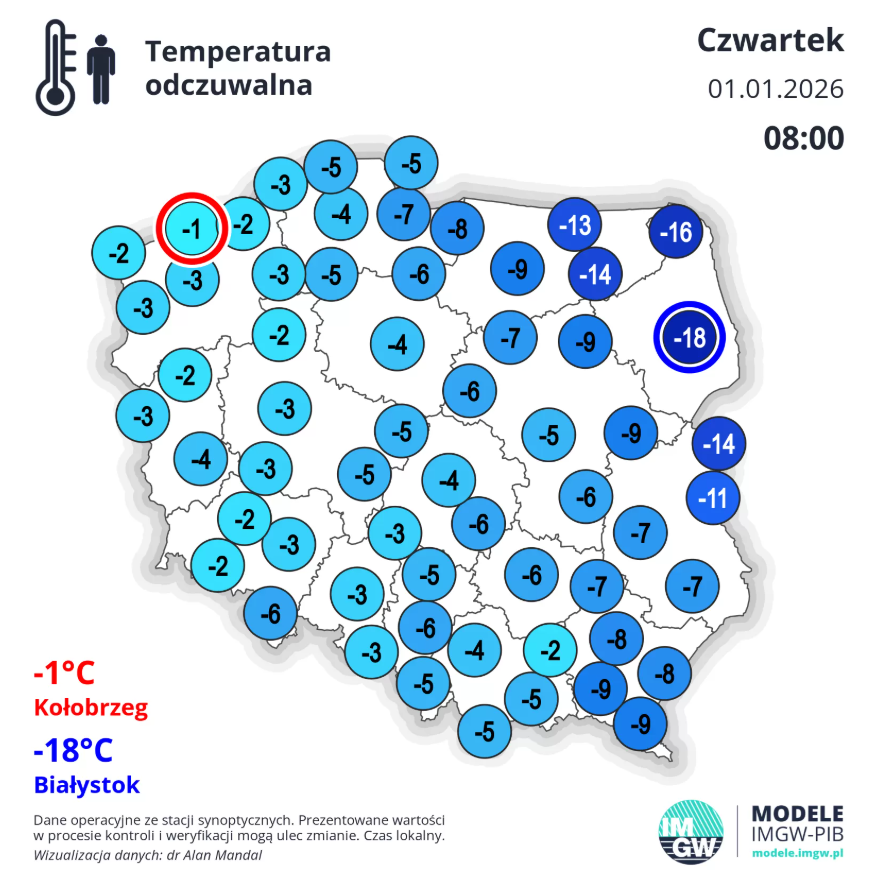 Temperatura odczuwalna 1 stycznia o godzinie 8 rano