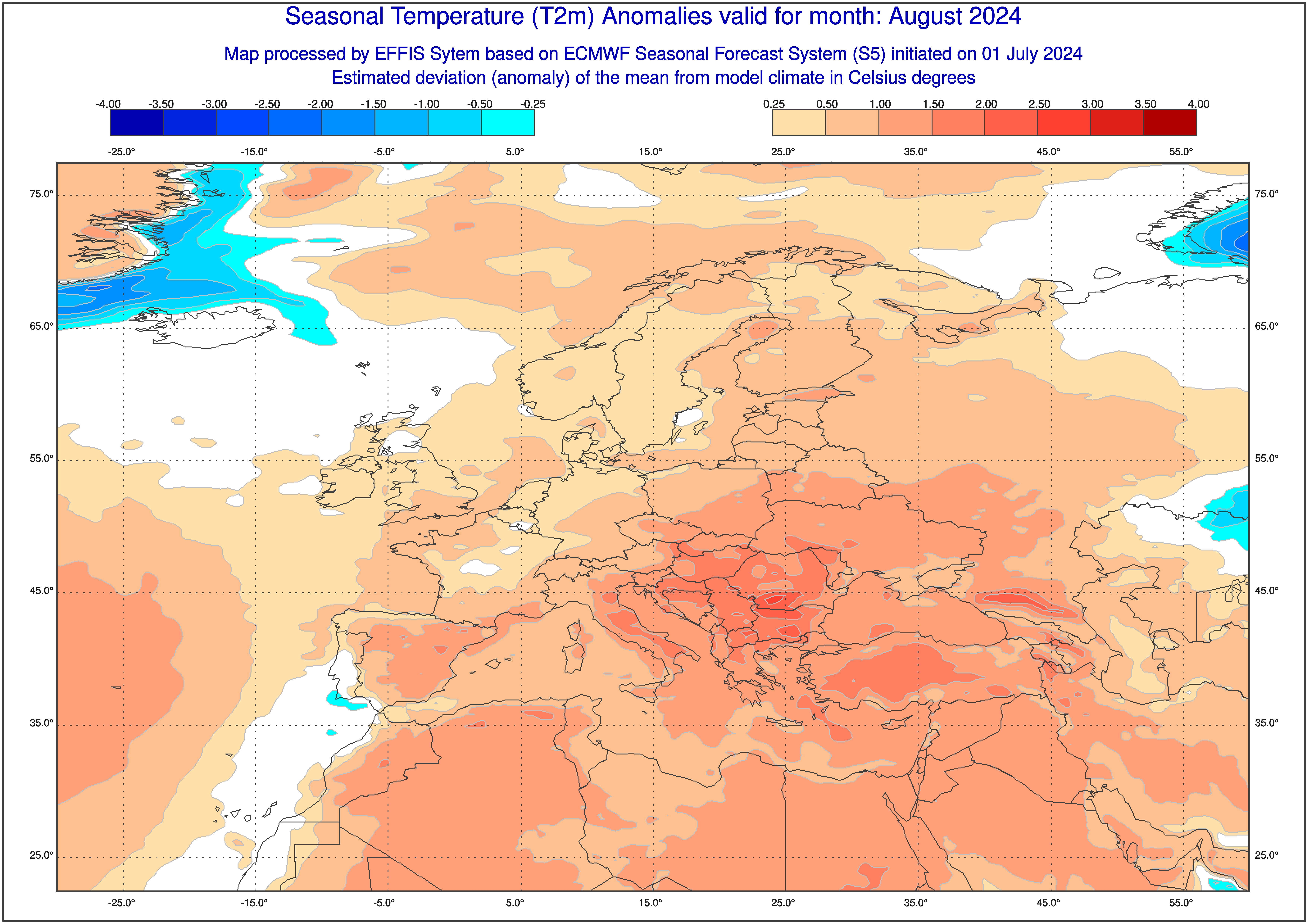 Prognoza odchylenia średniej miesięcznej temperatury od normy w sierpniu 2024 r.