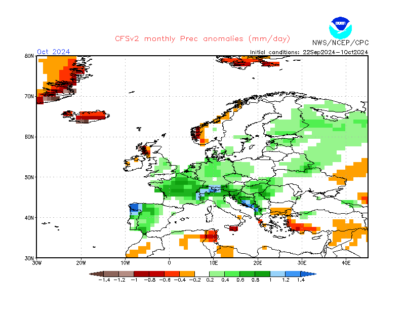 Prognoza odchylenia średniej temperatury miesięcznej od normy w październiku 2024