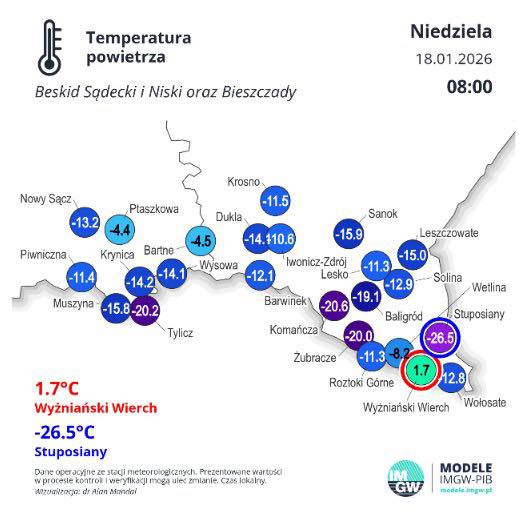 Temperatura powietrza w niedzielę w Beskidach i Bieszczadach, godz. 8