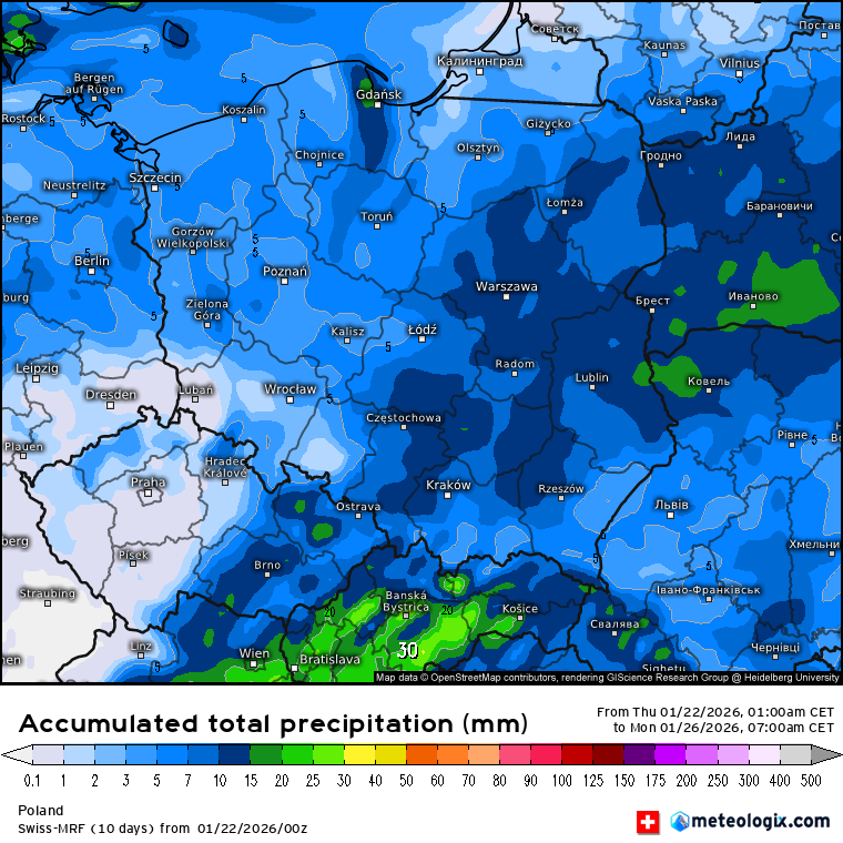 Prognoza skumulowanej sumy opadów do poniedziałku rano 26 stycznia wg modelu Swiss