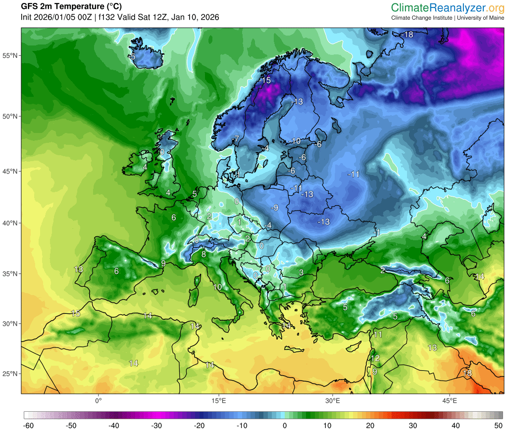 Prognozowana temperatura maksymalna w sobotę 10 stycznia około godziny 12