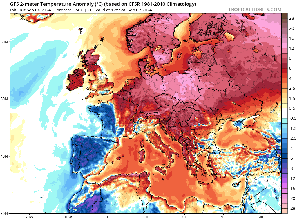 Anomalia temperatury prognozowana na 7 września na godzinę 12